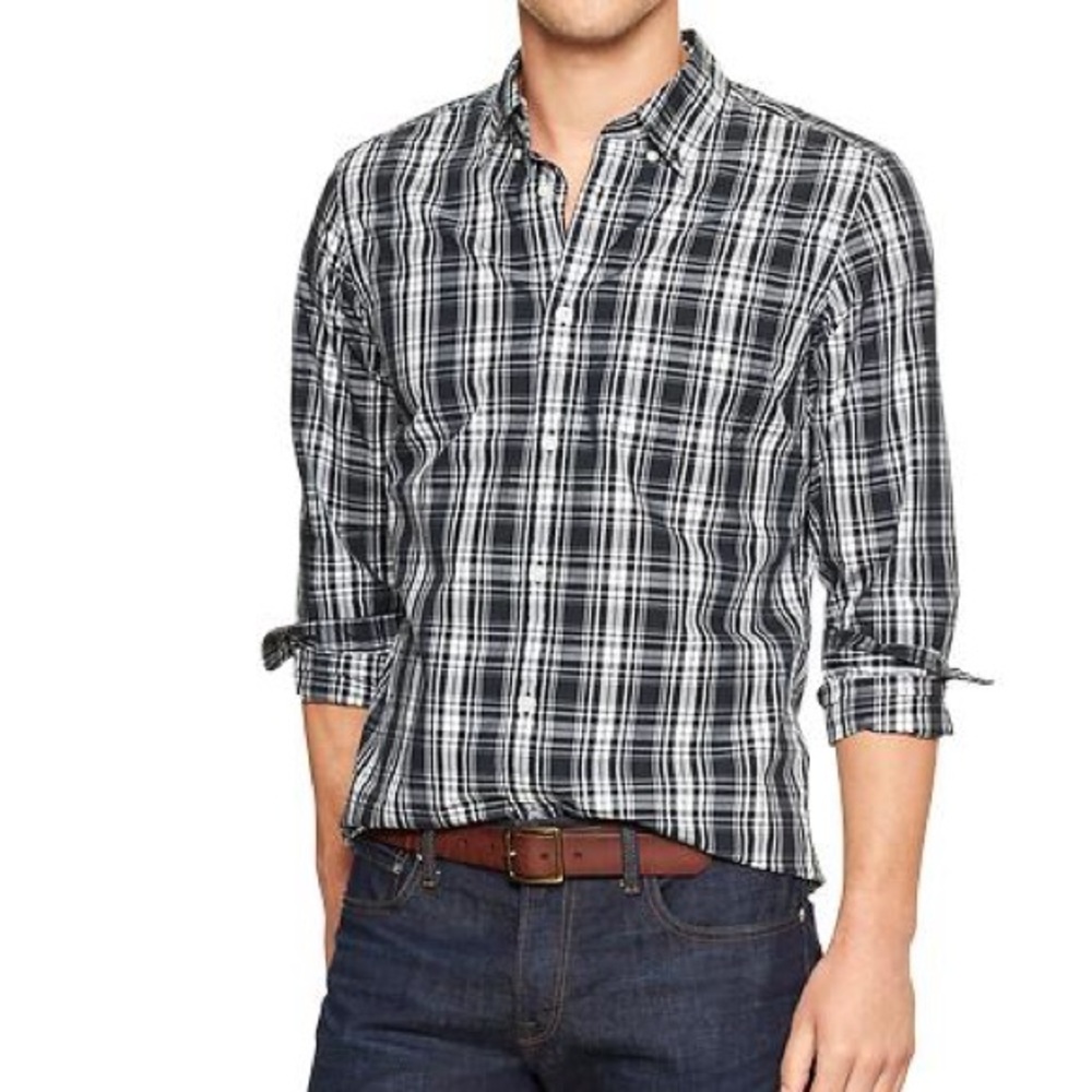 Gap Lived-In Wash Plaid Long-Sleeve Shirt in Black & White Size Large